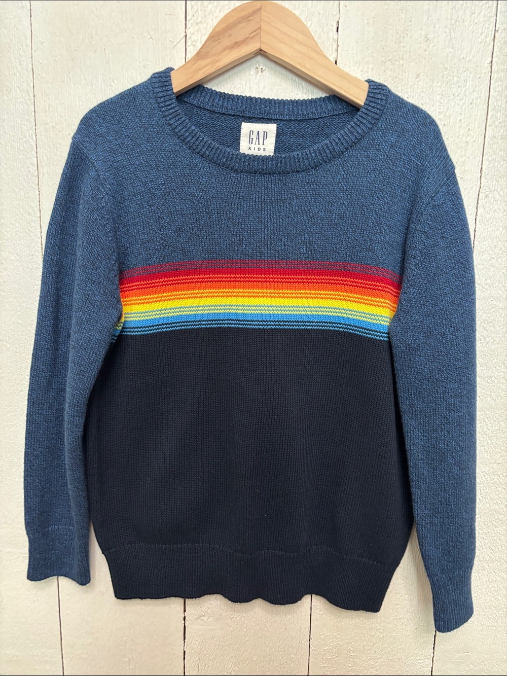 GAP Kids Two-Tone Blue Sweater with Rainbow Chest Stripe S Small 6-7
